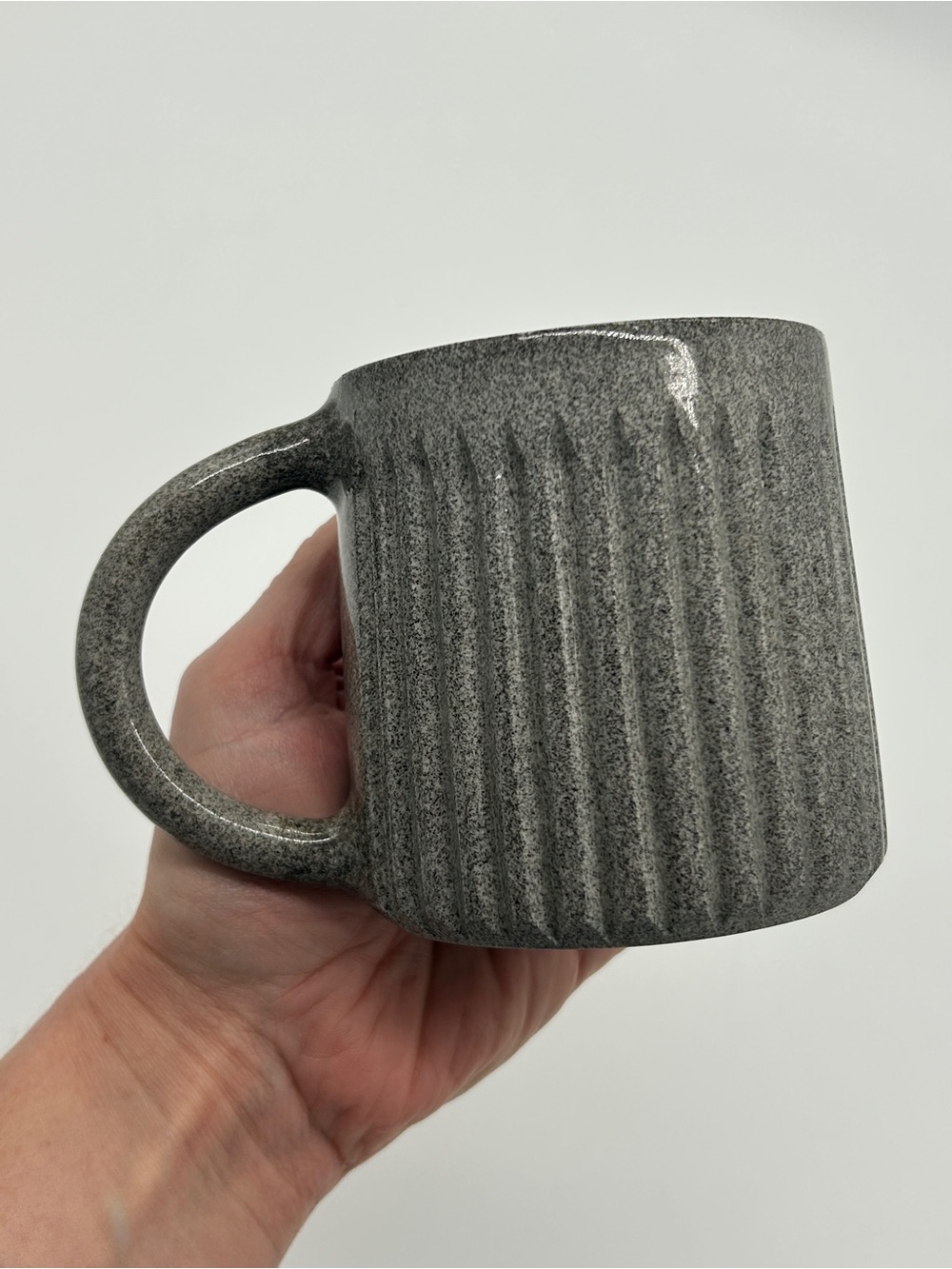 Vintage Studio Pottery Fluted Stoneware Coffee Mug Grey Speckled Flying Pig